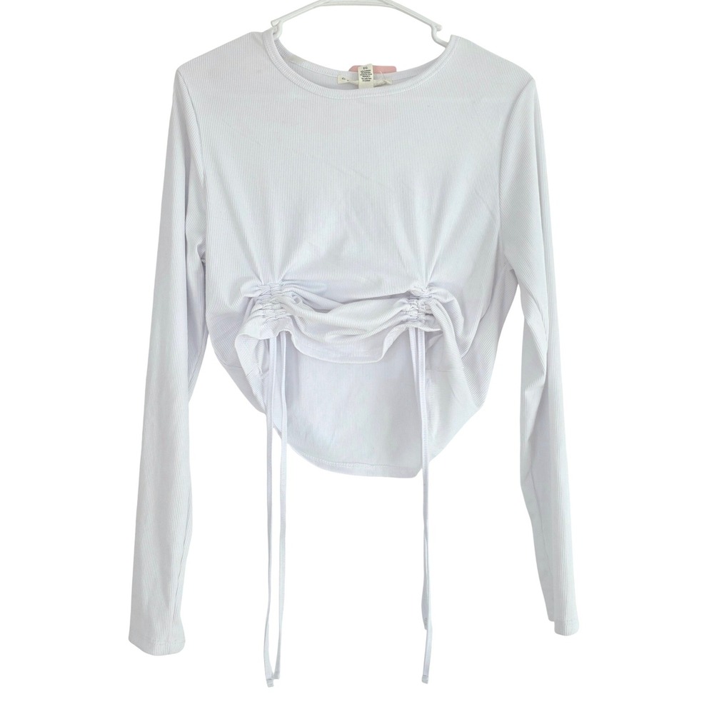 Eye Candy Ribbed Knit Long Sleeve Ruched Crop Top White XL